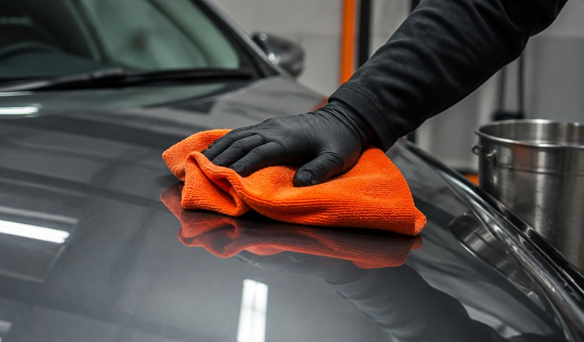 Mano con guante puliendo el capó con paño naranja